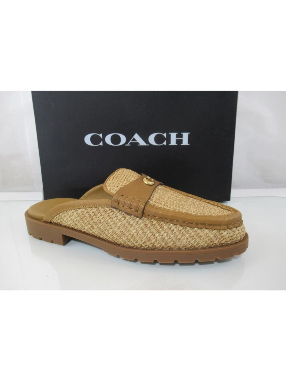 Women's Coach Jocelyn Size 8 Straw Backless Loafer Sandal Mule Flats Natural